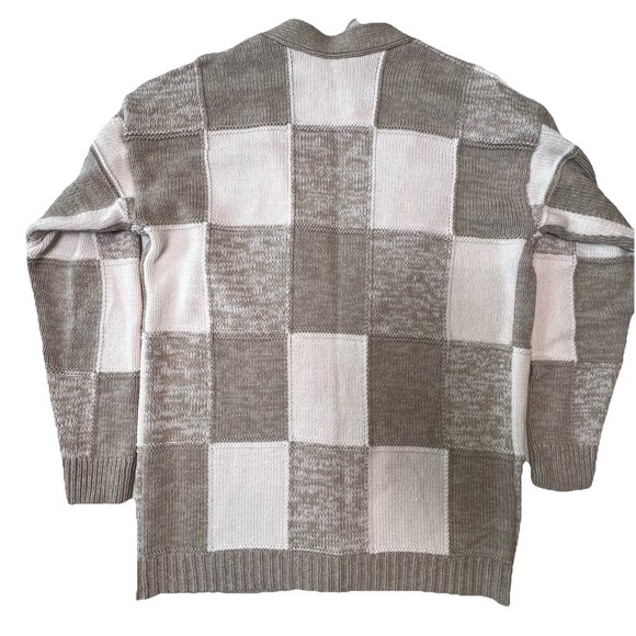Leo‎ & Nicole Oatmeal Taupe Cardigan Windowpane Sweater Open Front Knit Size P L - Picture 3 of 10